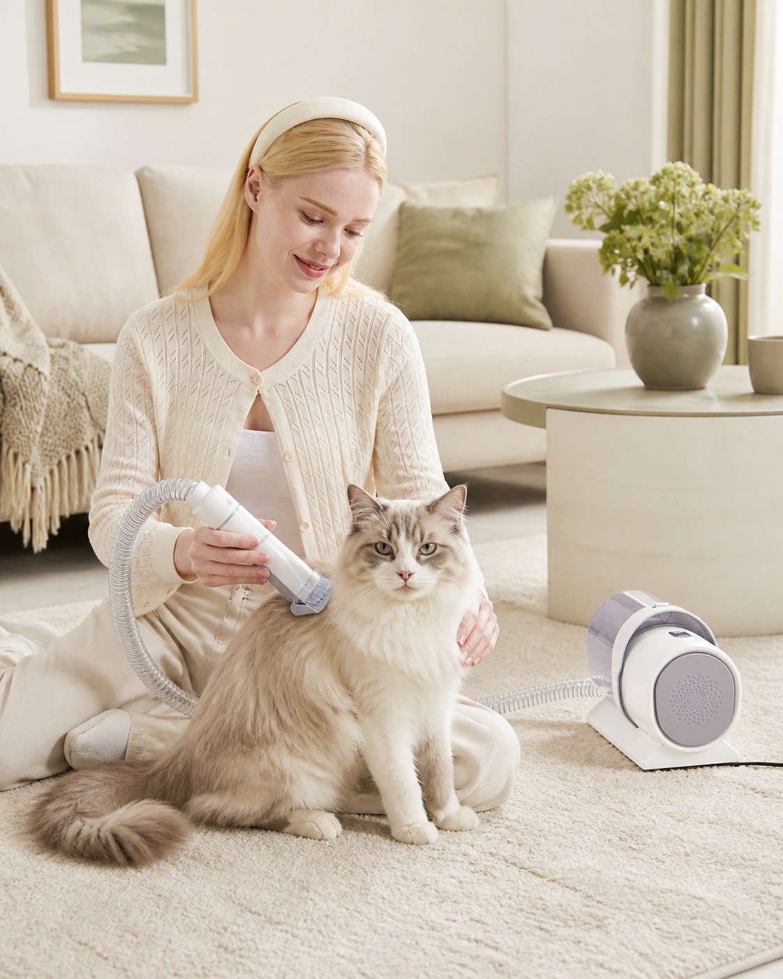 Pawora grooming vacuum used with a long-haired cat