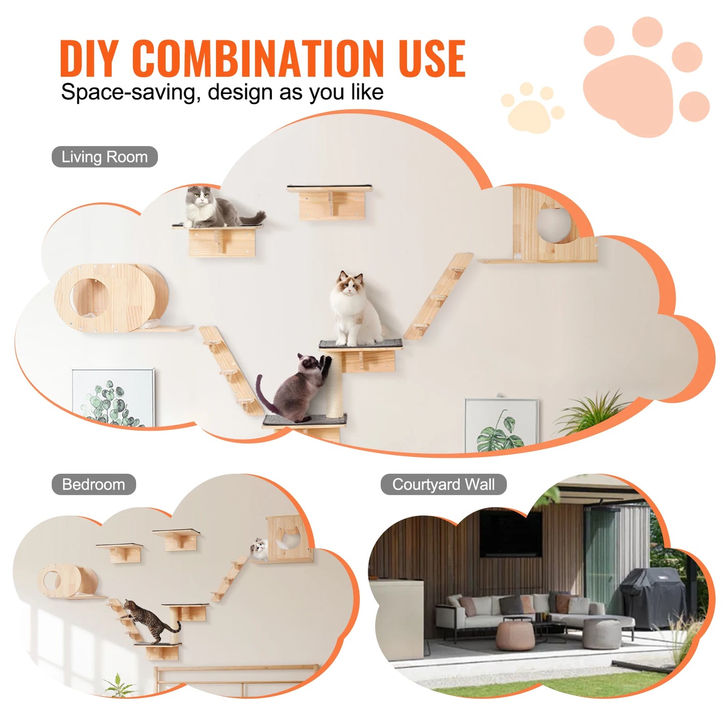 Wall-Mounted Cat Climbing Set with Shelves, Steps & Perches