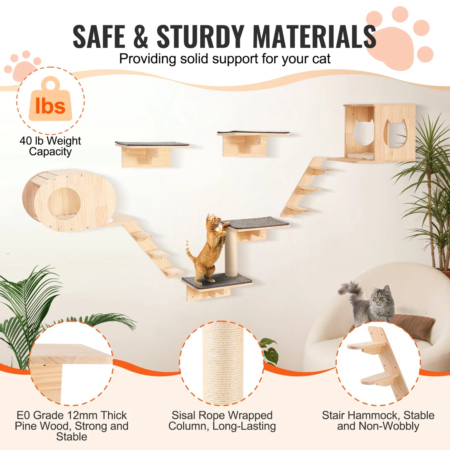 Wall-Mounted Cat Climbing Set with Shelves, Steps & Perches