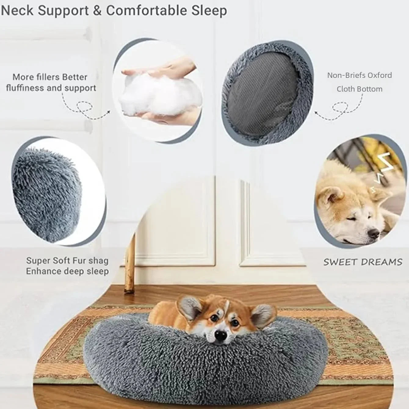 Soft Plush Donut Pet Bed for Dogs & Cats – Washable Round Bed